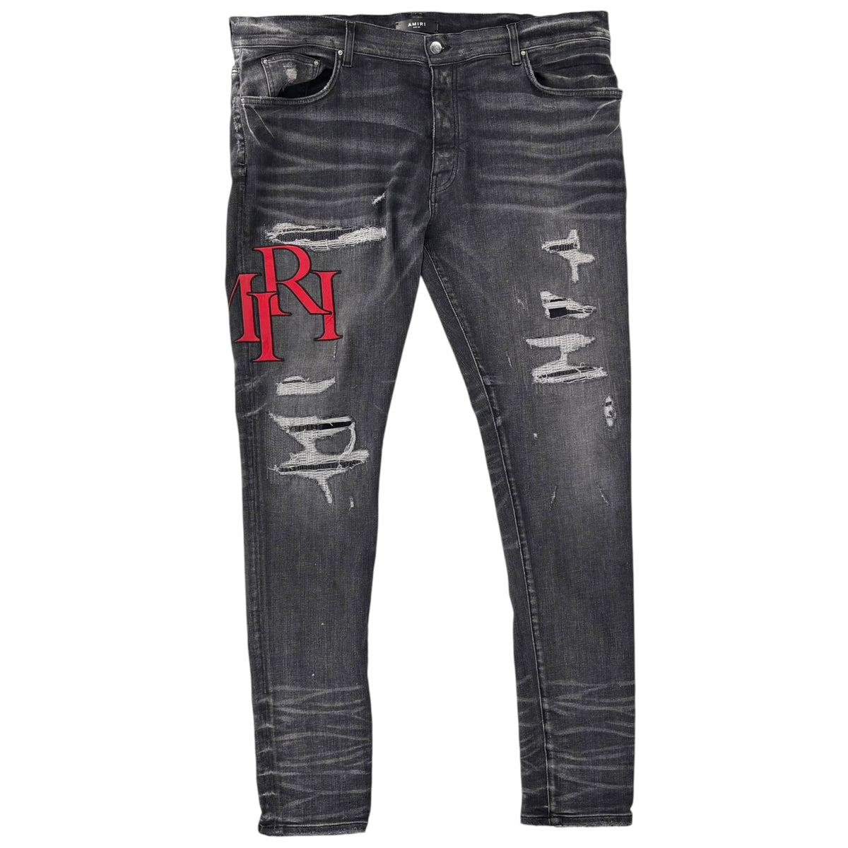 Amiri Staggered Logo Distressed Skinny Jeans