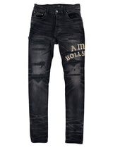 Amiri Hollywood Logo Patch Distressed Denim Black