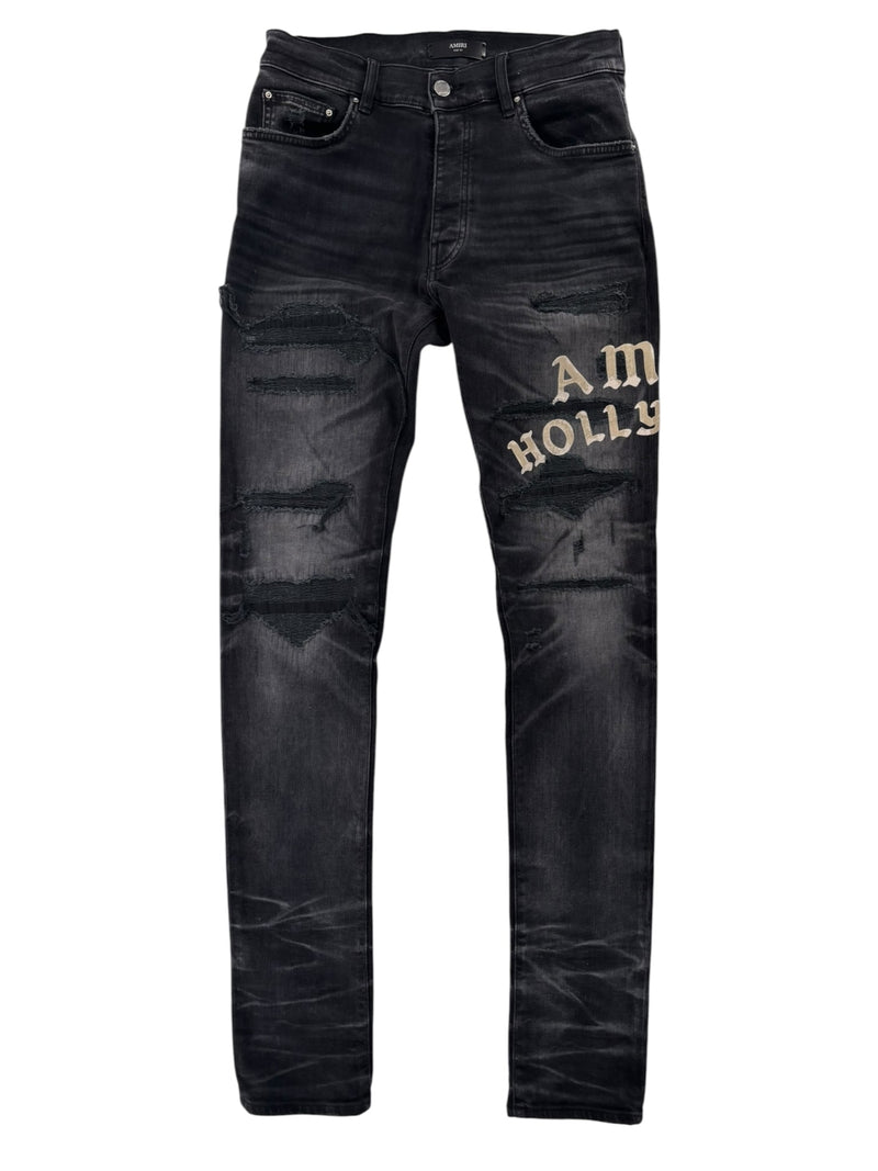 Amiri Hollywood Logo Patch Distressed Denim Black