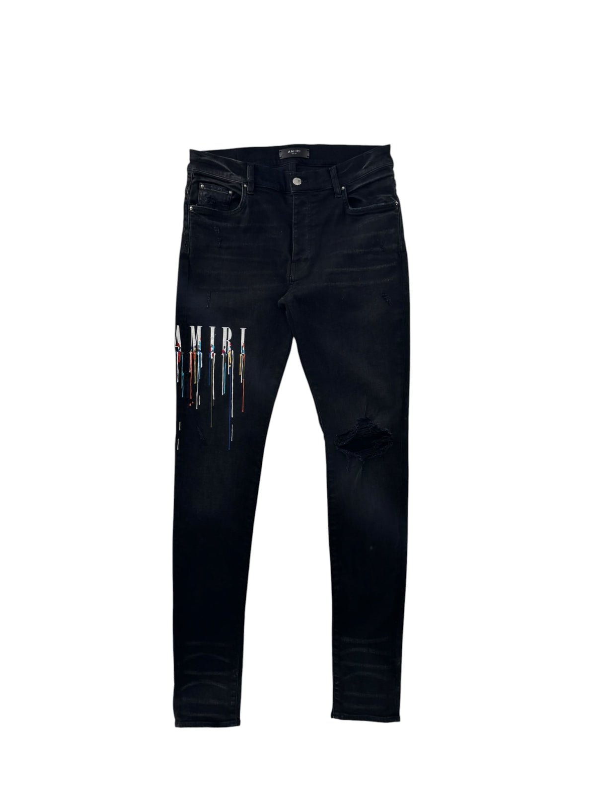 AMIRI Embroidered Paint Drip Core Logo Distressed Skinny Jeans Black/Multi