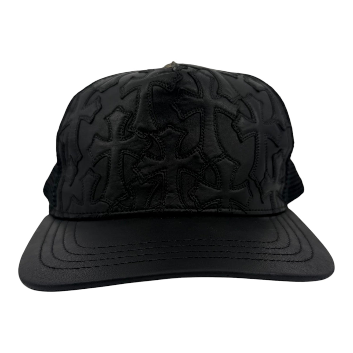 Chrome Hearts Cemetary Cross Leather Stitched Trucker Hat Black
