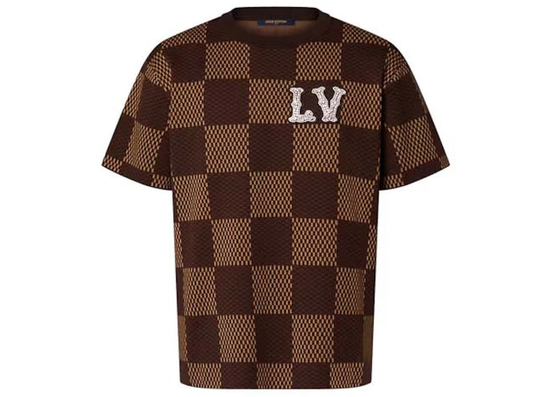 Louis Vuitton Short-Sleeved Cotton Damier Crewneck with Crystal LV Patch Sienna