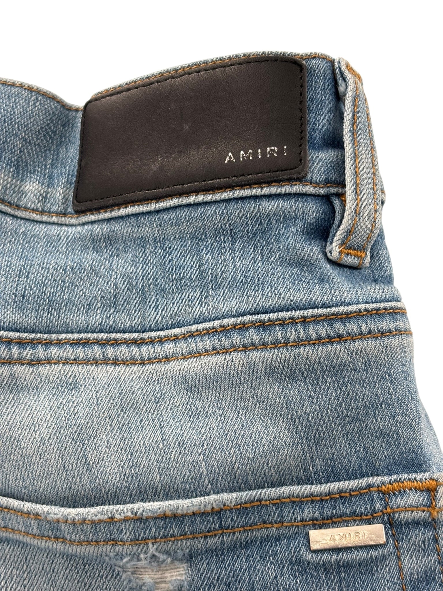 Amiri Mx1 Distressed Denim Palm Tree Ribbed