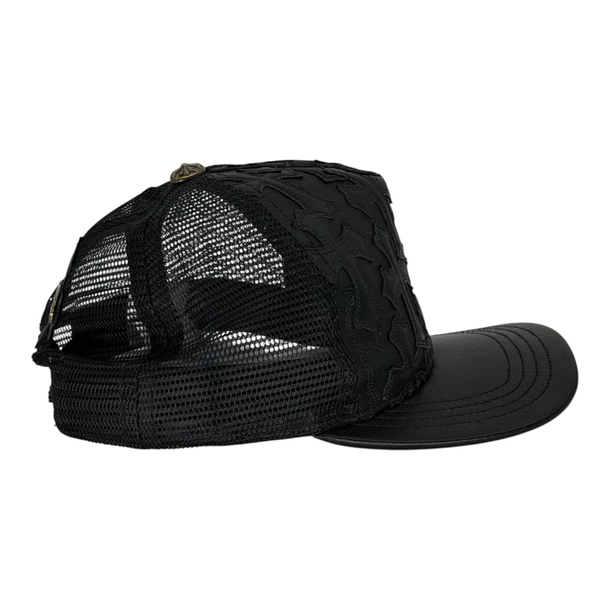 Chrome Hearts Cemetary Cross Leather Stitched Trucker Hat Black