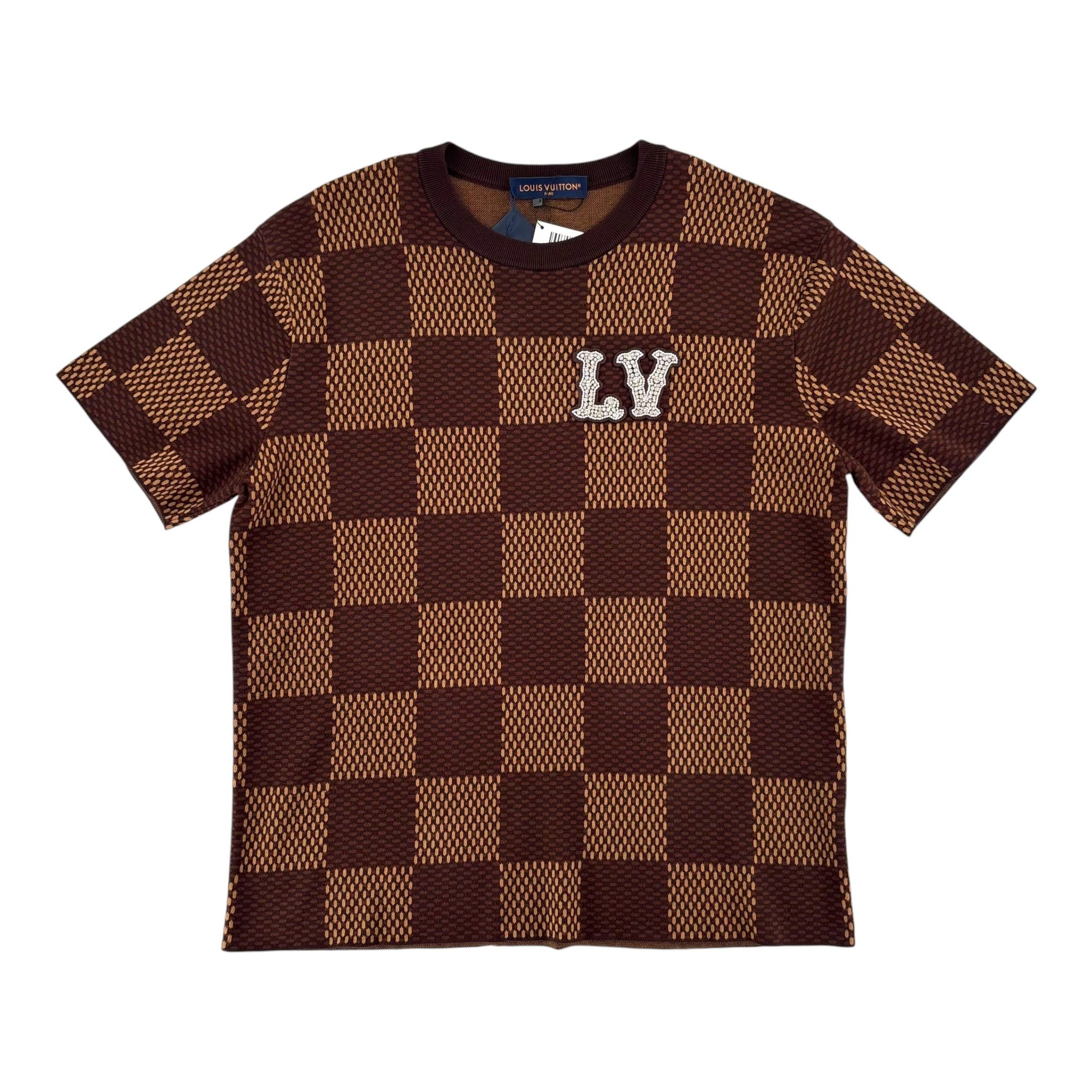 Louis Vuitton Short-Sleeved Cotton Damier Crewneck with Crystal LV Patch Sienna