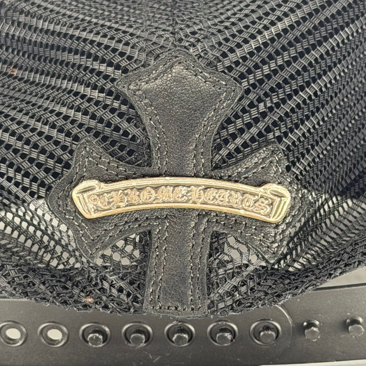 Chrome Hearts Cemetary Cross Leather Stitched Trucker Hat Black