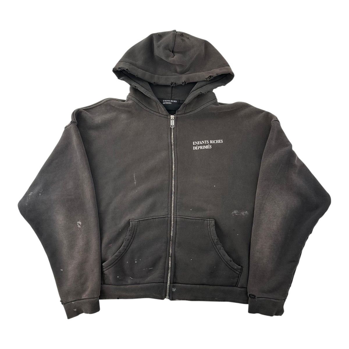 ERD Distressed Logo-Print Zip-Up Hoodie Dark Grey