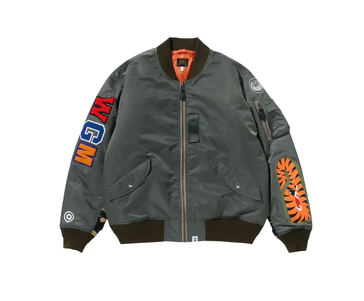 BAPE Front Facing Shark MA1 Bomber Flight Jacket Olive